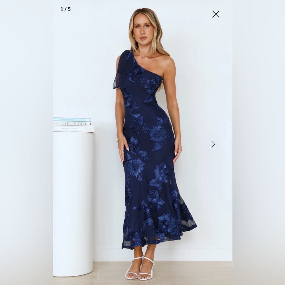Hello Molly Midnight Blue Floral One-Shoulder Dress